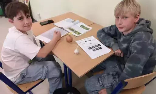 Dwóch uczniów rozwiązuje kartę pracy, na ławce mają cebulę i czosnek.