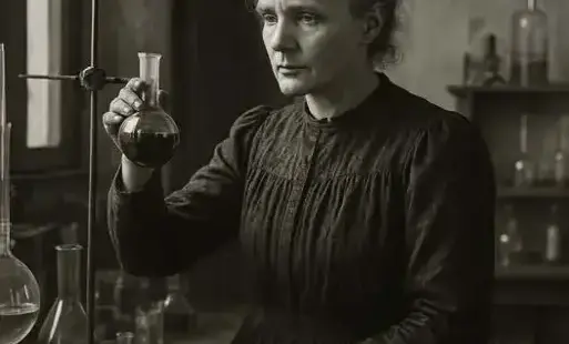 Zdjęcie AI prezentujące Skłodowską Curie w laboratorium 