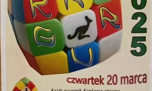 Plakat prezentujący konkurs Kangur - kolorowa kostka Rubika. 