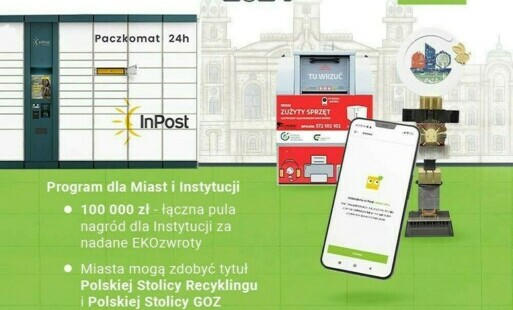 Plakat akcji "Polska Stolica Recyklingiu" edycja 3, prezentuje paczkomat i telefon